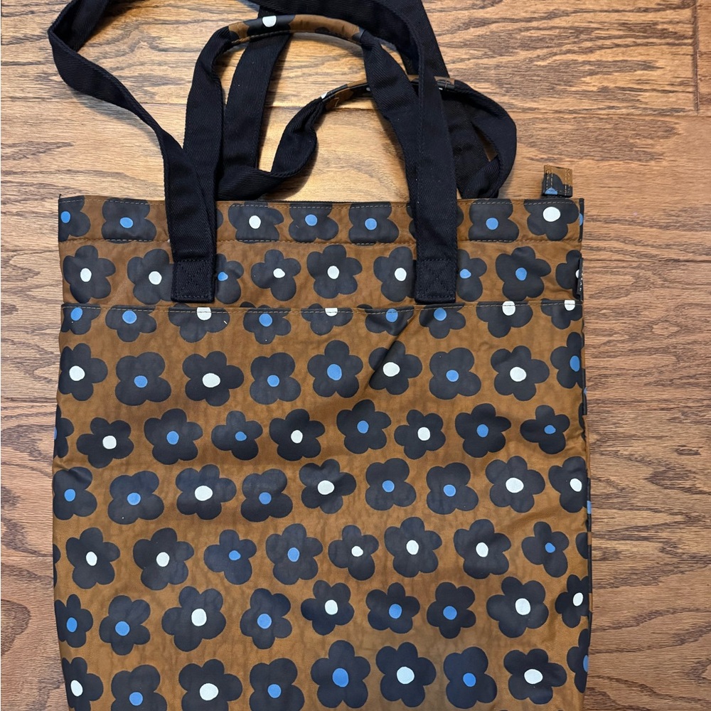 Brown Floral Print Tote Bag with Black Handles - Picture 2 of 6